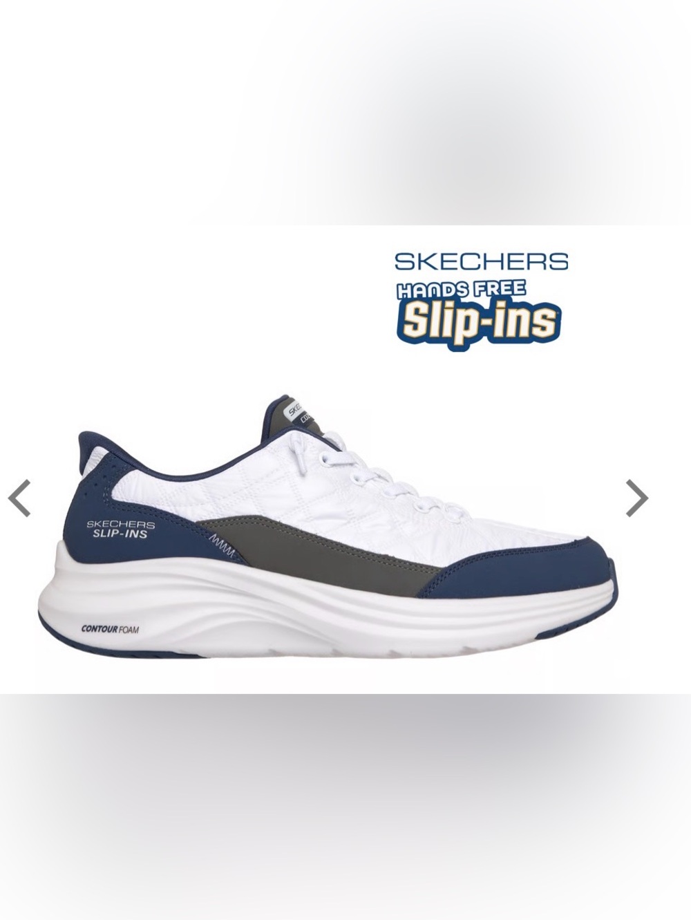 Skechers,Men's Slip-ins,size 9.5, Athletic shoe, white, navy, and gray detail.